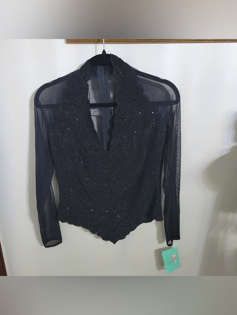 NWT Tadashi Black Beaded V-Neck Mesh Zip Top - Size S